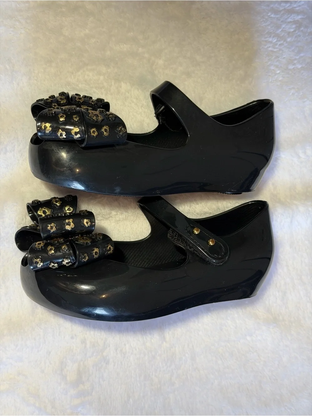 Mini Melissa Black Mary Jane Bow Dress Shoes with Gold Accents